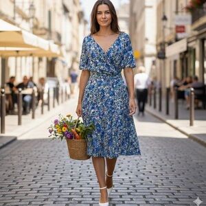 Northern Reflections Floral faux Wrap Dress Blue Green Midi Faux Wrap V-Neck L